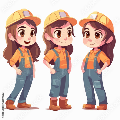 Vector illustration of a young builder girl, dressed for work, cartoon pose.