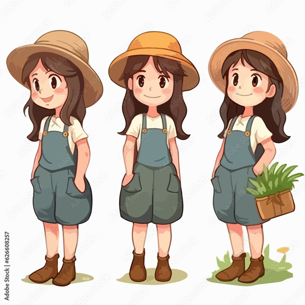 Cartoon girl dressed as a farmer, vector pose, young kid, cartoon style. Cartoon girl dressed as a farmer, vector pose, young kid, cartoon style.