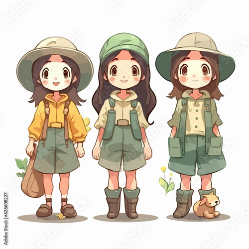 Farmer girl with agricultural attire, vector pose, young kid, cartoon style.