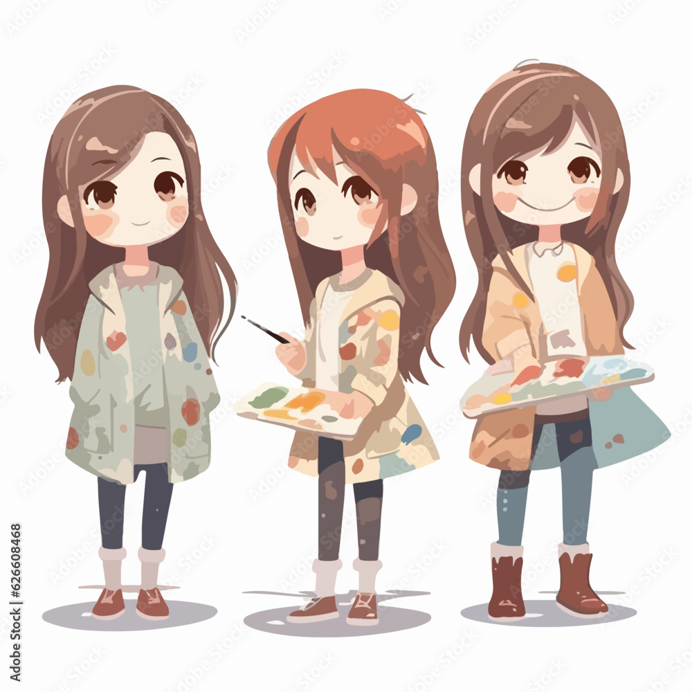 Cartoon girl dressed as a painter, vector pose, young kid, cartoon style. Cartoon girl dressed as a painter, vector pose, young kid, cartoon style.