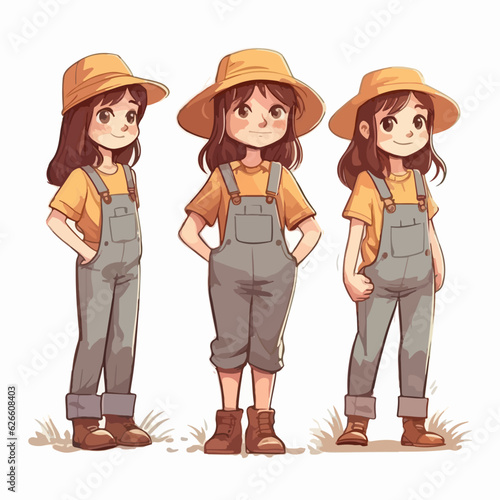 Cartoon of a girl in agricultural clothes, vector illustration, little child, pose.