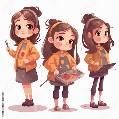 Painter girl dressed in artistic attire, vector illustration, young kid, multipose.