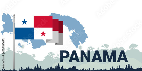 Stunning vector design: Country flag, map, name, and lush forest backdrop. Perfect for showcasing national pride and heritage.