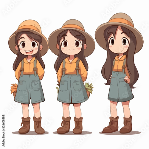 Farmer girl wearing farming gear, vector cartoon, little kid, multipose.