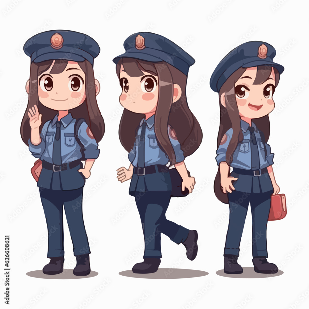 Police kid with officer attire, vector pose, young girl, cartoon style. Police kid with officer attire, vector pose, young girl, cartoon style.