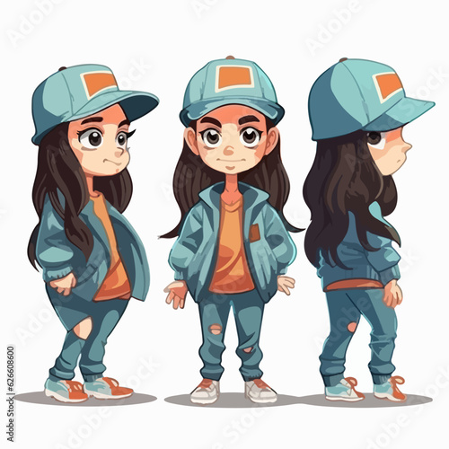 Girl in rapper attire, cartoon illustration, vector pose, little child.