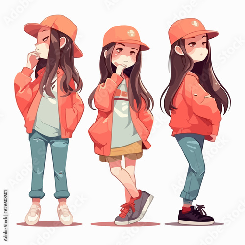 Rapper kid with stylish outfit, vector pose, young girl, cartoon style.