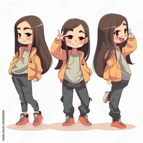 Rapper girl wearing hip clothes, vector cartoon, young kid, multipose.