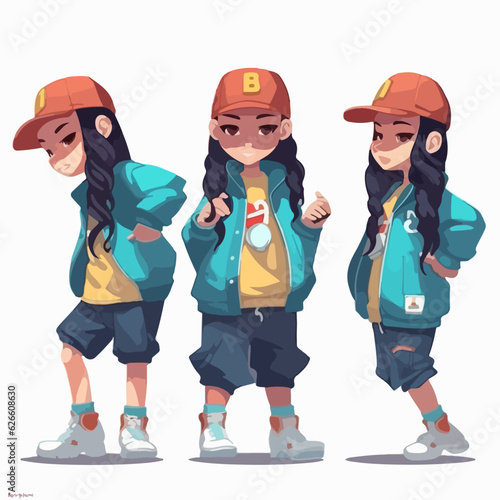 Girl rapper dressed in trendy outfit, vector illustration, young child, cartoon style.