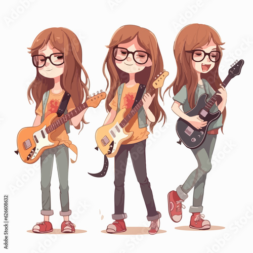 Rockstar kid in fashionable clothes, cartoon illustration, young girl, multipose.