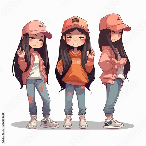 Rapper girl with rapper attire, vector pose, young kid, cartoon style.