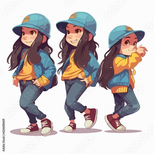 Vector illustration of a young rapper girl, dressed for music, cartoon pose.