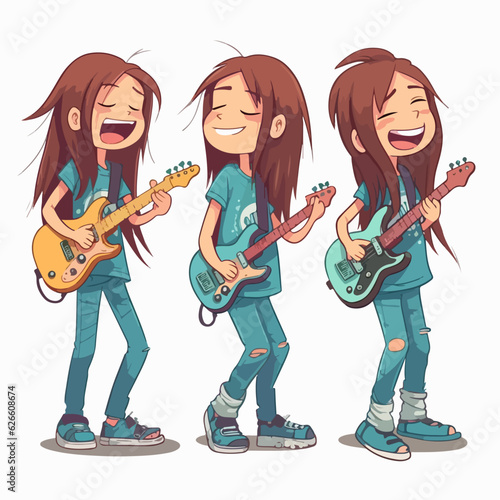 Rockstar kid in stylish clothes, cartoon illustration, young girl, vector pose.