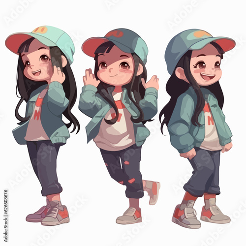 Cartoon girl dressed as a rapper, vector pose, young kid, cartoon style.