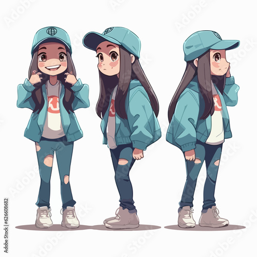 Rapper kid in fashionable clothes, cartoon illustration, young girl, multipose.