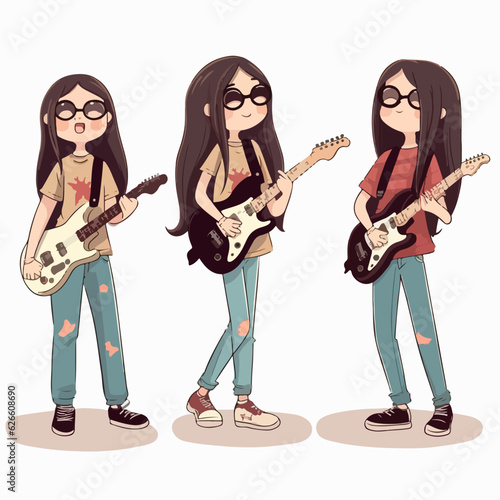 Rockstar girl wearing trendy gear, vector cartoon, young kid, multipose.