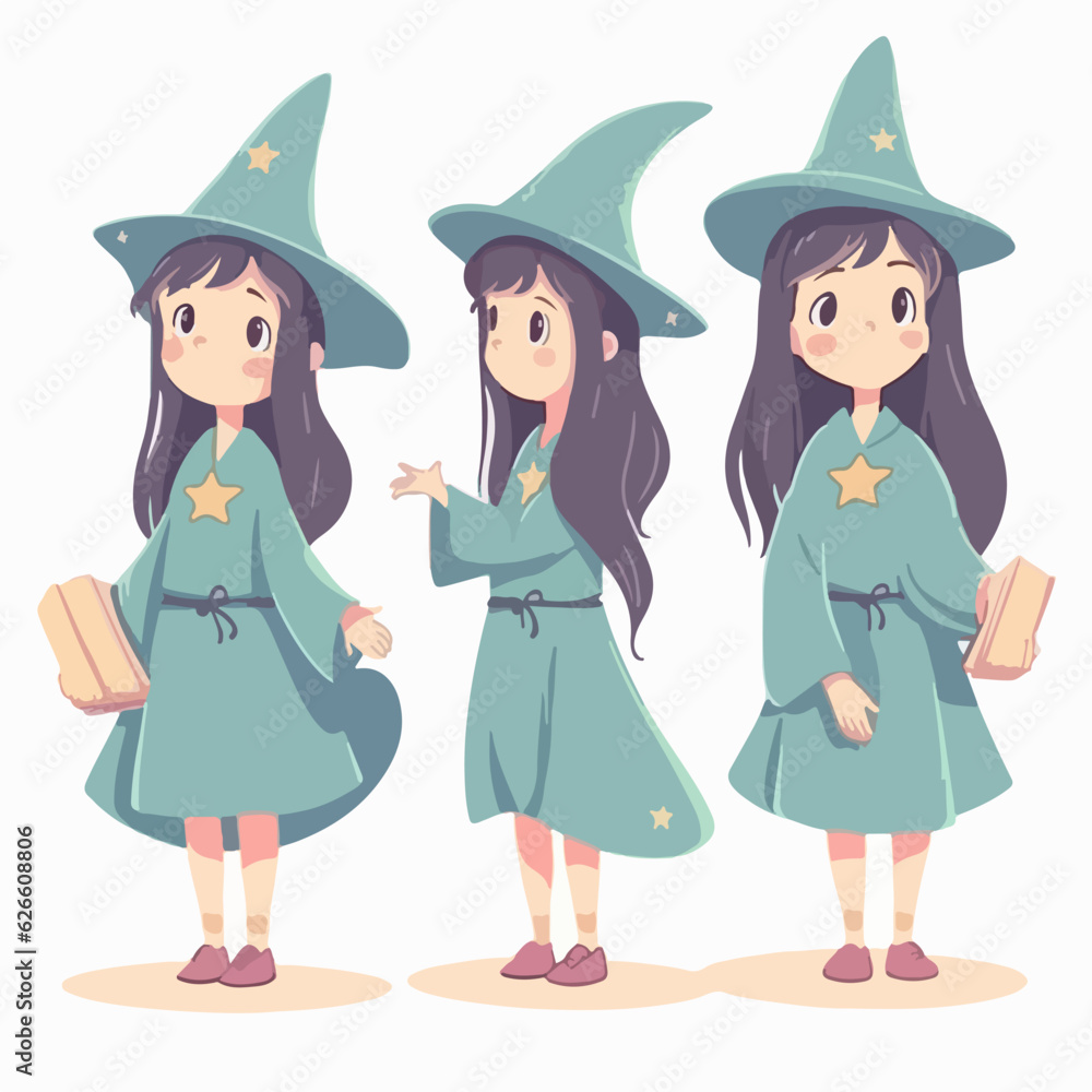 Wizard girl with wizard attire, vector pose, young kid, cartoon style. Wizard girl with wizard attire, vector pose, young kid, cartoon style.