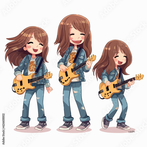 Girl in rockstar attire, cartoon illustration, vector pose, little child.