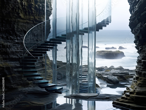 In the style of columns and totems, a futuristic glass gilder staircase interior photo with coastal scenery and mountainous vistas. Generative AI..