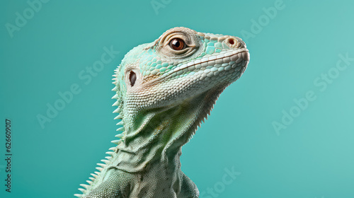 Advertising portrait, banner, a head of green lizard, sight look , isolated on green background