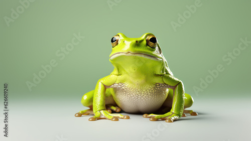 Green frog with a light white belly sitting, isolated on a light green background