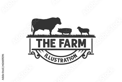 Vintage Angus Cow Bull Pig Hog and Sheep Goat for Rural Countryside Farm Illustration Vector