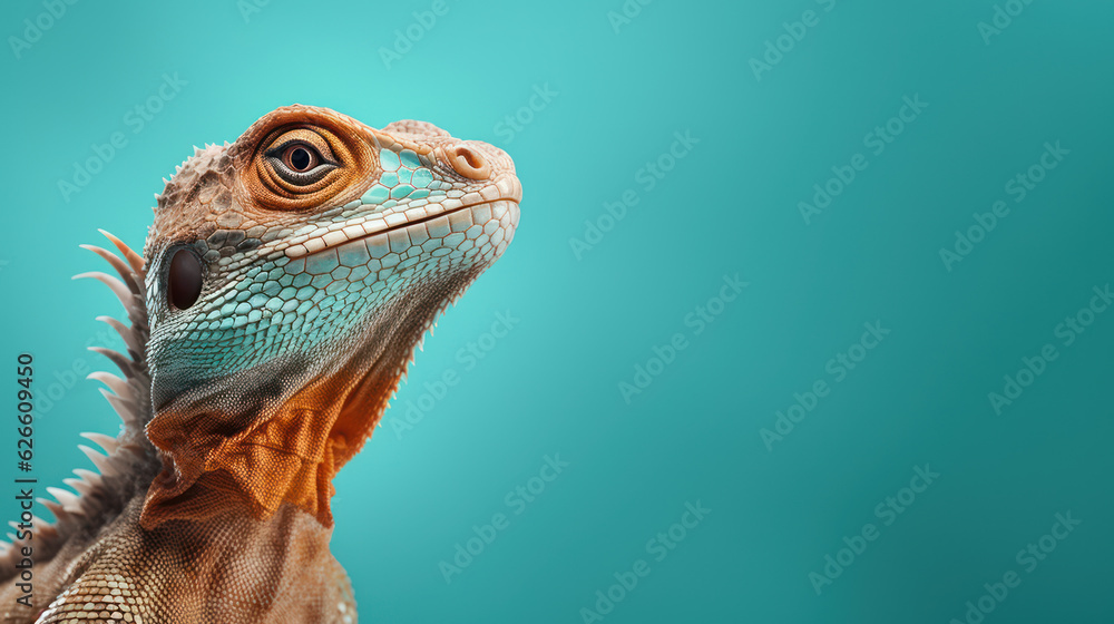 Advertising portrait, banner, colorful with red tone lizard looking up , isolated on blue background