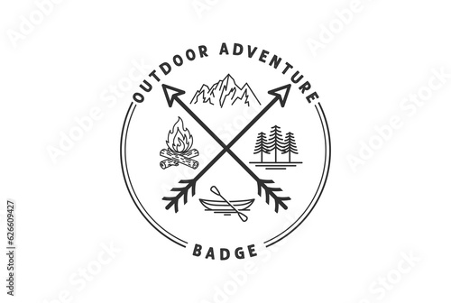 Vintage Retro Crossed Arrowhead with Mountain Bonfire Boat and Forest for Hunting Outdoor Adventure Badge Emblem
