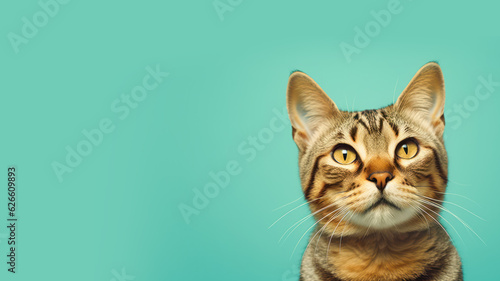 Advertising portrait, banner, asian cat classic color, yellow eyes, serious straight look, isolated on blue background