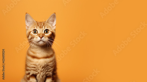Advertising portrait, banner, cute redhead color cat looks straight on camera, isolated on yellow background © NK Project