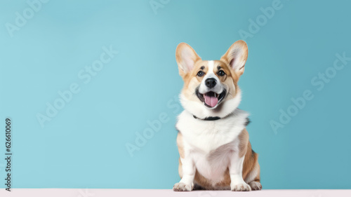 Advertising portrait, banner, smiling welsh corgi dog with tongue sticking out, isolated on blue background