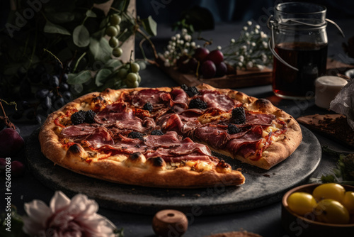 Tasty Pizza with Vegetables and Meat, Rustic Background, Delicious Italian Dinner Plate - Generative Ai