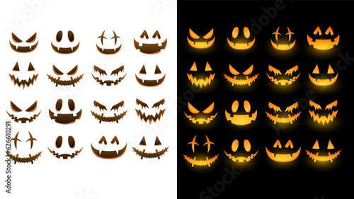 Spooky glowing face isolated on a dark background, Funny, and scary eyes and mouth. Emojis for Halloween day, Flat cartoon flat style. illustration Vector EPS 10