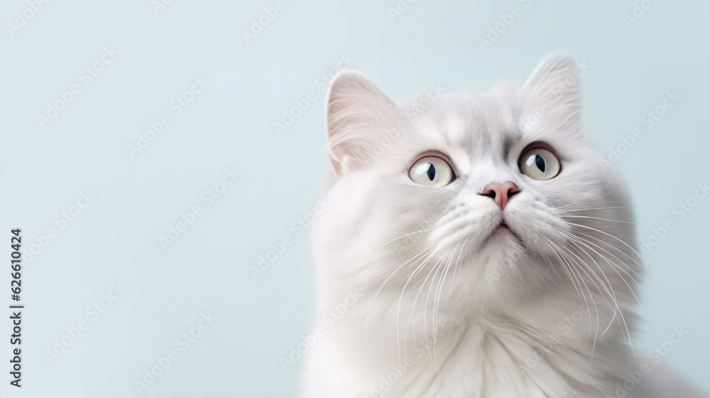 Advertising portrait, banner, serious white cat wathing up, isolated on white neutral background
