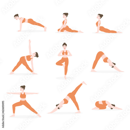 A set of basic yoga poses. A young girl is doing yoga. A collection of yoga poses isolated on a white background. Vector flat illustration.