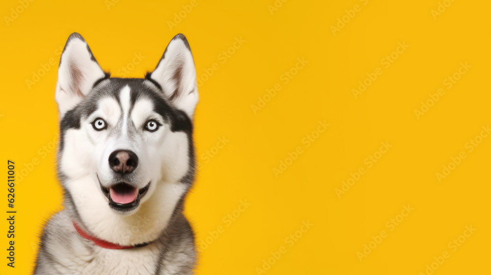 Fototapeta premium Advertising portrait, banner, funny husky with open mouth, straight look to the camera, isolated on yellow background