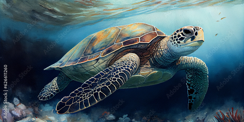 Obraz premium Large watercolor painting of a sea turtle Ai generated image