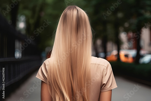 Female Back With Long Straight Blonde Healthy Hair in the Street: AI Generated