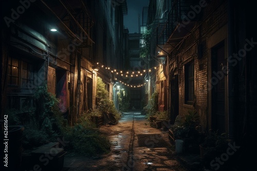 A dark city alley illuminated by streetlights at night. Generative AI