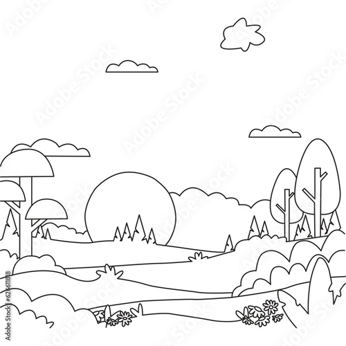 nature cloroing page and line art,landscape coloring book element,fresh eco coloring page of nature and animal for kids and adult coloring book.