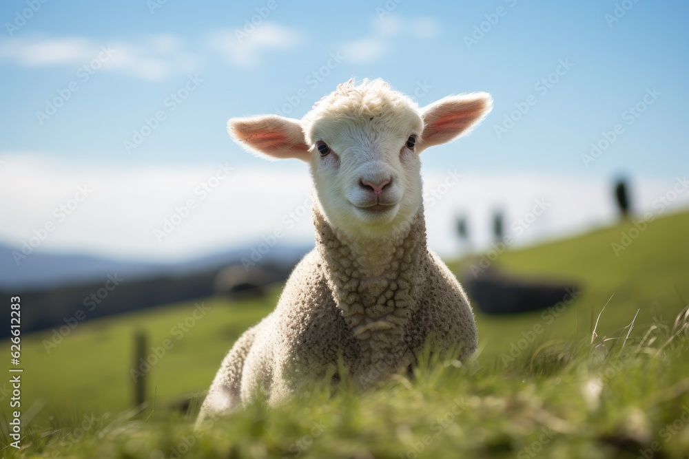 Lamb grazing on green grass meadow. Generative AI Lamb grazing on green grass meadow. Generative AI