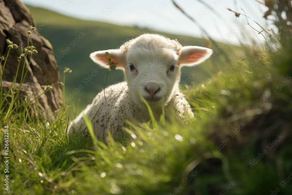 Lamb grazing on green grass meadow. Generative AI Lamb grazing on green grass meadow. Generative AI