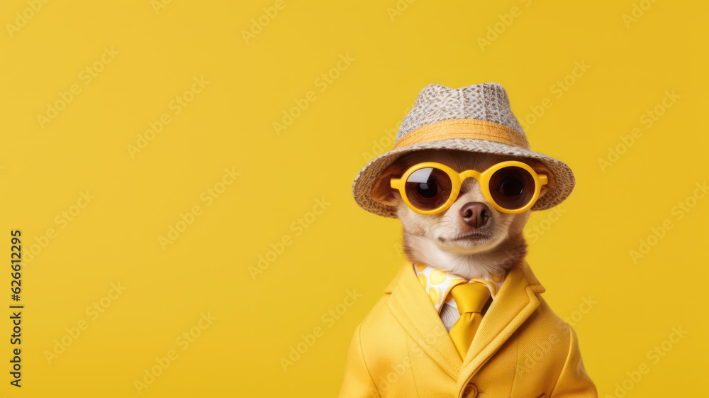 Advertising portrait, banner, cool looking chihuahua dog in glasses wearing funky fashion dress, isolated on yellow background