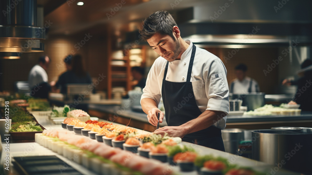 The chef prepares sushi in the kitchen, adding unique ingredients to traditional recipes. The chef prepares sushi in the kitchen, adding unique ingredients to traditional recipes.