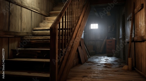 Old wooden stairs to the attic in an old house. Generative AI