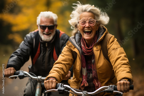 Cheerful active senior couple with bicycle in public park together having fun lifestyle. Perfect activities for elderly people. Happy mature couple riding bikes, bicycles in park. Generative AI photo