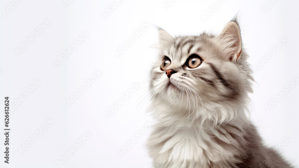 Advertising portrait, banner, fluffy wool gray white cat looks surprised to the left, isolated on white neutral background Advertising portrait, banner, fluffy wool gray white cat looks surprised to the left, isolated on white neutral background
