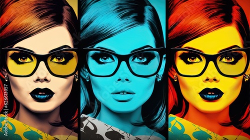 Pop ART, Retro stylefashion woman wearing trendy sunglasses. , Pin up girl. Generative AI