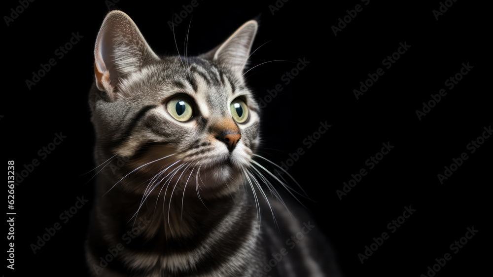 Advertising portrait, banner, classic striped color young cat looks back with green eyes, isolated on black background