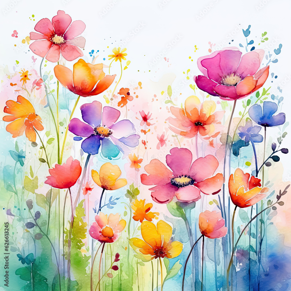 Abstract colorful watercolor flowers. Generative AI